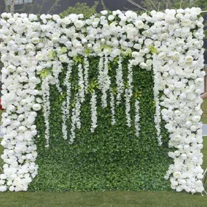 BD015 Wedding Decor Flower Panel Roll Up Cloth Back White Rose Artificial Flower Row Wall Backdrop Decor