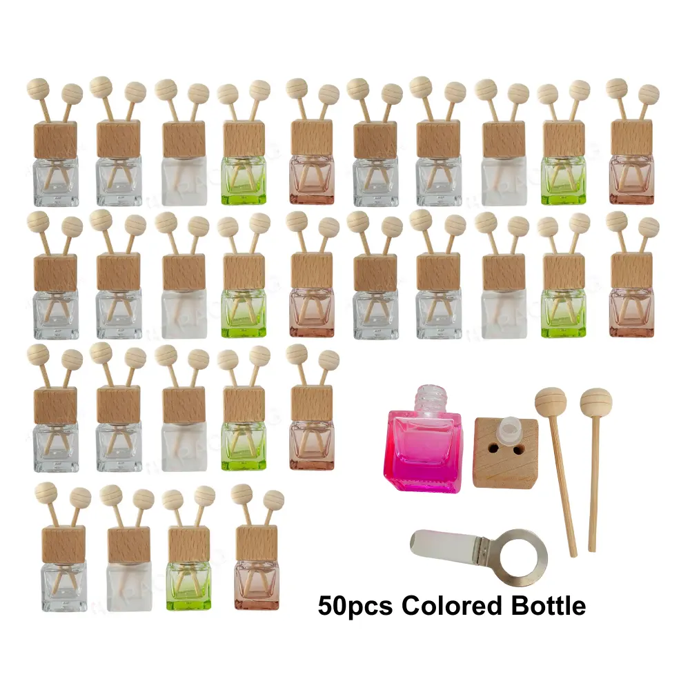 50 Stück Großhandel 8 ml Lufterfrischer Glas Auto-Parfüm-Diffusor-Flasche mit Lüftungsclip hölzerner Deckel leer für kosmetischen Gebrauch