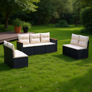 Conjunto de Sofás de Jardín de Ratán Negro, Muebles de Exterior de Acero con Recubrimiento en Polvo, Diseño Contemporáneo, Cojines de Espuma de Alta Densidad - Product Image 2