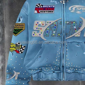Sweat à capuche zippé Y2K pour homme, style course, avec applique strass, coupe ample, en <span class=keywords><strong>molleton</strong></span> épais, streetwear, bleu délavé, gothique, OEM - Product Image 3