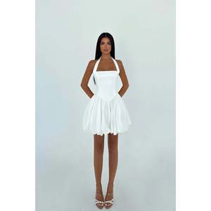 <b>White</b> Estella Modest Kaftan Dress Mini <b>Skirt</b> Balloon Hem Zipper Decoration Square Collar Puff Sleeves XS XL Elegant for Date Day - Product Image 2