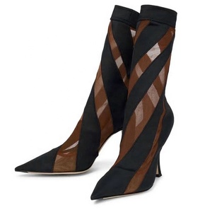 Botines de Tacón Alto con Punta Puntiaguda y Diseño de Rayas en Patchwork, Moda Primavera Verano 2022, Botines Cortos Transpirables y Suaves para Mujer, Talla 45 - Product Image 2
