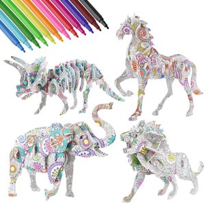 Ensemble de puzzles à colorier en 3D, 4 animaux, puzzles à peindre avec 12 marqueurs, cadeau créatif DIY pour garçons et filles de 8 à 12 ans - Product Image 1
