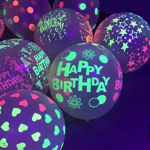 यूवी काले प्रकाश प्रतिक्रियाशील रंग फ्लोरोसेंट गुब्बारा जन्मदिन मुबारक लेटेक्स चमक Blacklight बच्चों चमकदार सजावट नीयन पार्टी की आपूर्ति