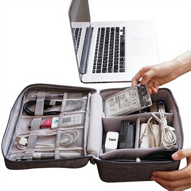 Cross-Border New Style Digital Polyester Zipper Closure Multifunctional Cable Organizer Bag with Power Bank Earphone Storage Box
