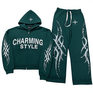 Custom Pattern Boxy Hoodie Rhinestone Tracksuit Acid Wash Unisex Vintage <b>Zip</b> <b>up</b> Track Suit 100% Cotton High Quality Hoodie Set - Product Image 1