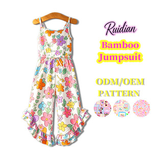 Combinaison pour tout-petits en bambou 230 GSM, sans manches, à bretelles spaghetti, imprimé intégral, à volants, jambes larges, tenue d'été pour filles, combinaison pour filles en bambou - Product Image 2