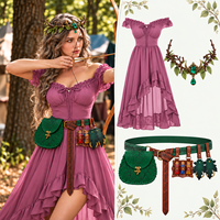 Set Kostum Peri Elf Renaisans, Gaun Peri Hutan Abad Pertengahan dengan Korset, Sabuk, Kantong, Hiasan Kepala Daun, Pakaian Cosplay Halloween