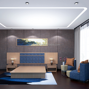 Budget Friendly 3 Star Hotel Suite Bedroom Furniture Set Wood <b>Platform</b> <b>Bed</b> <b>Frame</b> With Fabric Padded Wall Panel And Nightstands - Product Image 1