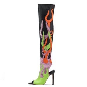 Women Mixed Glitter Fire Over Knee High <b>Boots</b> Peep Toe Stiletto Thin Heels Shoes Side Zipper Summer Long Booties - Product Image 3