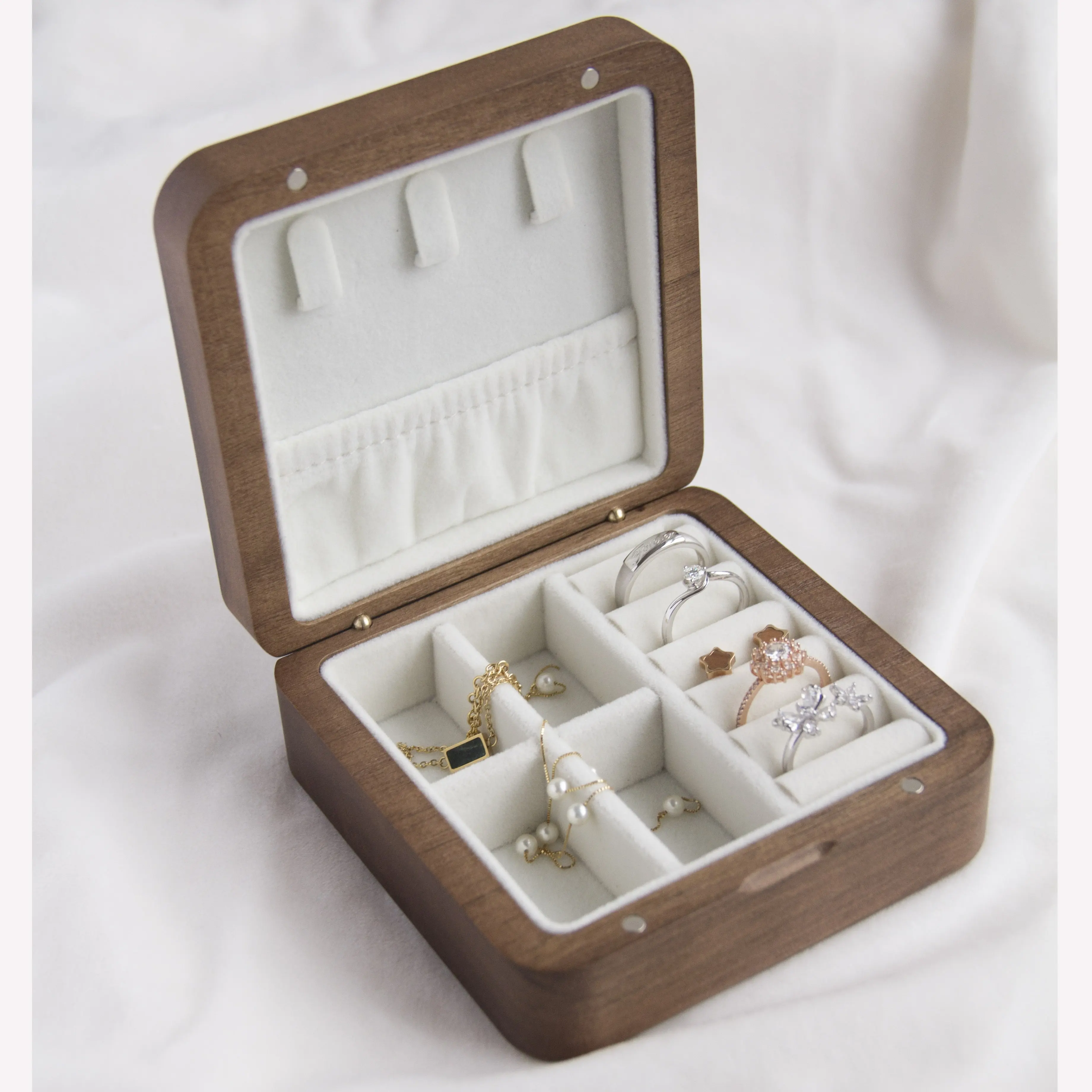 Kotak perhiasan kotak perhiasan casing kayu kenari berbentuk persegi anting kalung gelang kuncup telinga kotak cincin dapat diukir