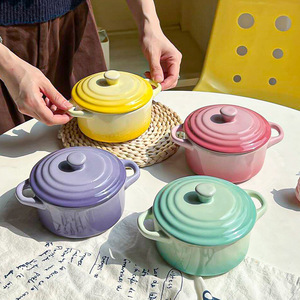 Instagram-style gradient <b>ceramic</b> double-eared covered stewing <b>pot</b>/bowl for steaming eggs, double-boiled for stewing bird's - Product Image 1