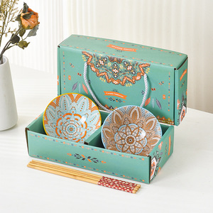 Hot Sale Ceramic 4-PC <b>Set</b>-Eco-Friendly Round Noodle Bowl for Rice Salad Red Blue Color with Gift Box - Product Image 4