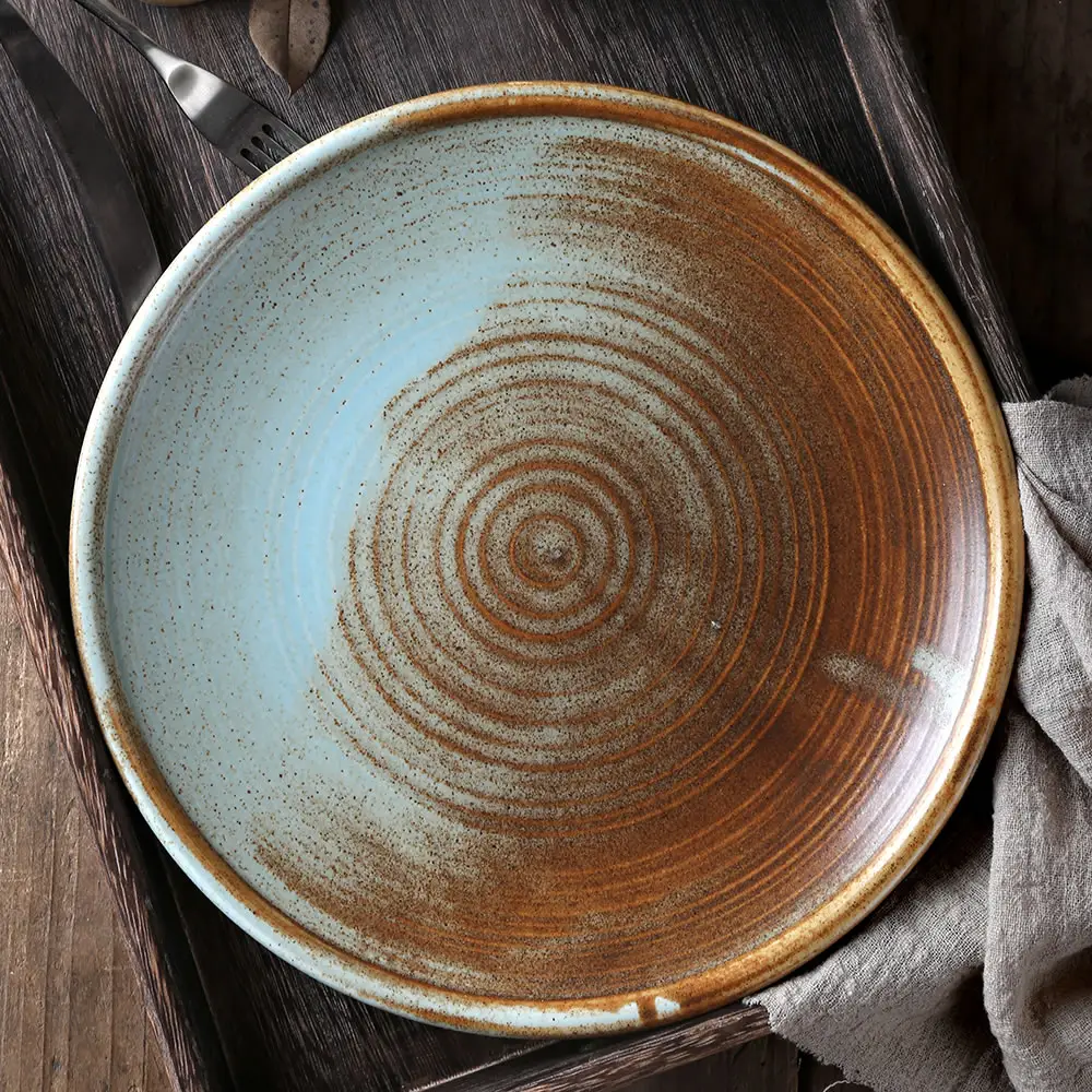 Nordic style vintage ceramic dinner food ring plate dish,Brown mix with blue color porcelain plates for restaurant