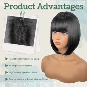 Perruque courte et droite de style européen et américain, en fibre synthétique haute température, perruque complète, perruques courtes tendance avec frange - Product Image 4