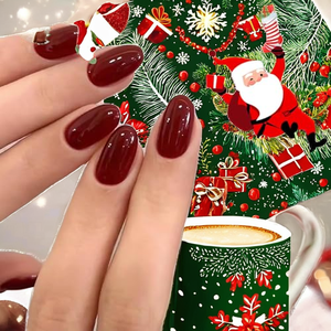Faux ongles à presser courts ovales couleur vin rouge uni - Élégants et minimalistes pour les fêtes de Noël - Product Image 2
