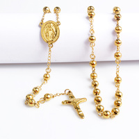Long Chapelet Religieux en Acier Inoxydable Plaqué Or, Pendentif Vierge Marie et Croix, Collier Catholique