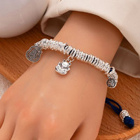 Nouveau Bracelet en Kevlar pour Femme, Style Chinois, avec Perles d'Argent Enroulées, Motif Bête Devorante d'Or, Fait Main, Réglable, Attire la Paix et la Richesse