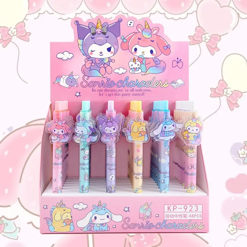 Sanrio 48 adet jel kalem Kawaii öğrenci kırtasiye okul malzemeleri 0.5 siyah karikatür yama basın kalem sevimli basın ofis hediye