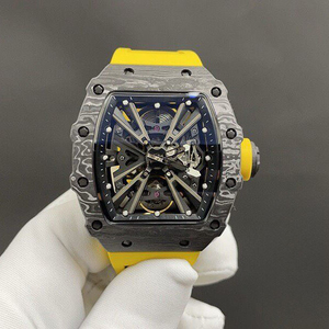 Montre mécanique pour homme de style RM12-01, squelette de châssis de voiture, tourbillon, design en fibre de carbone en forme de barillet, avec bracelet en caoutchouc - Product Image 1