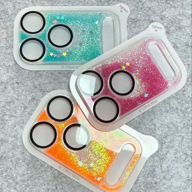 HD 3D Flash Quicksand Tempered Glass Camera Lens Protector for iPhone 17 Series Anti-Fingerprint Camera Lens Film