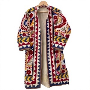 Blouson long en coton floral à col montant tricoté pour femme, style bohème, ouvert sur le devant, pour l'été, provenant du Rajasthan - Product Image 1