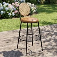 Tabouret de comptoir avec dossier rond en rotin, coussin en cuir, structure métallique, repose-pieds circulaire, pour café, restaurant, hôtellerie, intérieurs