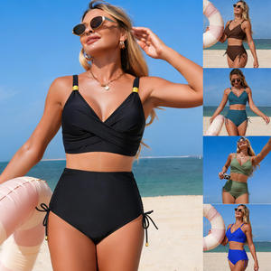 Maillot de bain deux pièces pour femmes, couleur unie, taille haute, ensemble bikini croisé à col licou, pour la plage et les sports nautiques - Product Image 1