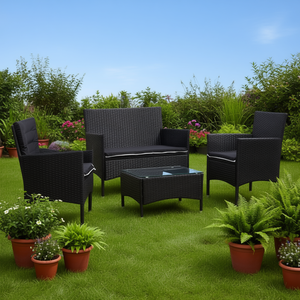 Black Pe Rattan Garden <b>Sofa</b> Set With Removable <b>Covers</b> Contemporary Outdoor Furniture <b>For</b> Garden Seating Capacity 4 - Product Image 2