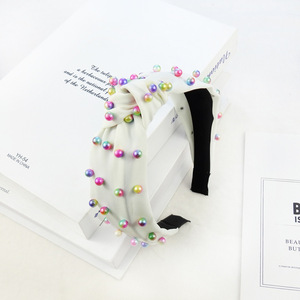 Fascia per <span class=keywords><strong>capelli</strong></span> da donna alla moda con perle colorate e nodi, fascia iridescente con perline, cerchietto largo in tessuto con nodo superiore, accessori per <span class=keywords><strong>capelli</strong></span> da ragazza - Product Image 5