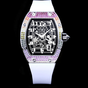 Fashion Ladies Tonneau <b>Watch</b> Iced Out Rainbow Diamond Bezel Hollow Skeleton Dial Waterproof Red Band - Product Image 3