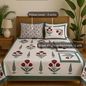 Premium Boho Indian Cypress Print Hand Block Printed Pure Cotton King Size <b>Bed</b> <b>Sheet</b> Set Blue Bohemian Style Bedding - Product Image 2