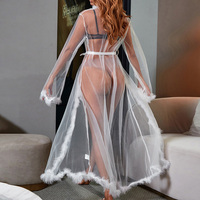 Mode dentelle maille longue Robe femmes vêtements de nuit plumes conception Transparent chemise de nuit femmes Sexy Lingerie