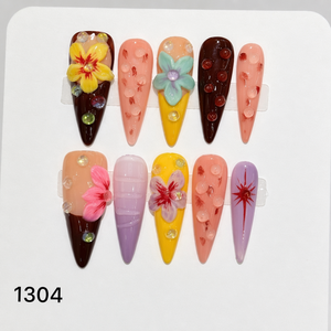 Faux ongles en acrylique à presser, forme stiletto, couvrance totale, motif floral avec strass, avec colle pour mariage et fête - Product Image 5