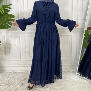 6319 #   Robe décontractée polyvalente en mousseline de soie respirante à pois, entièrement doublée, avec poignets élastiques et encolure à lacets - Product Image 2