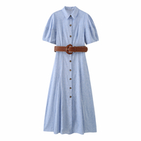 Robe chemise longue décontractée pour femme, col rabattu, bleu, avec ceinture, manches courtes, boutonnée