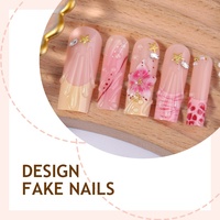 24 faux ongles à presser style français, motif léopard rose, fleur 3D, tube long
