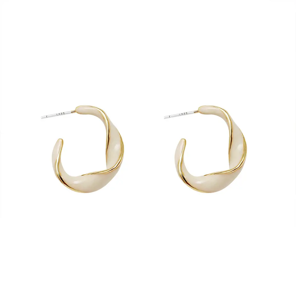 Hot selling 14k gold plated copper white blue enamel twist C shaped brass hoops earrings for women