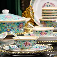 Service de table en porcelaine fine à motifs floraux style émail, vaisselle de luxe colorée en céramique pour mariage et maison
