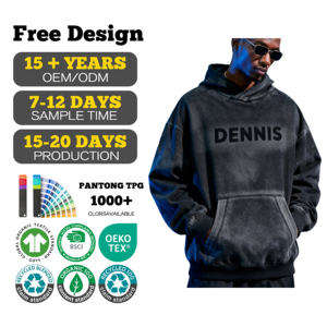 Felpa con Cappuccio Oversize da Uomo 100% Cotone, Stile Streetwear, Lavaggio Acido, Applicazioni, Senza Cordoncino, Personalizzabile, <span class=keywords><strong>2026</strong></span> - Product Image 1