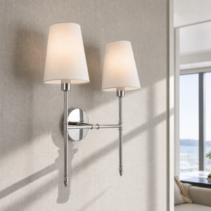 Applique murale en métal chromé poli, fabrication artisanale, abat-jour en tissu, pour hôtel et chambre à coucher, en stock, prête à être expédiée, OEM d'usine. - Product Image 4