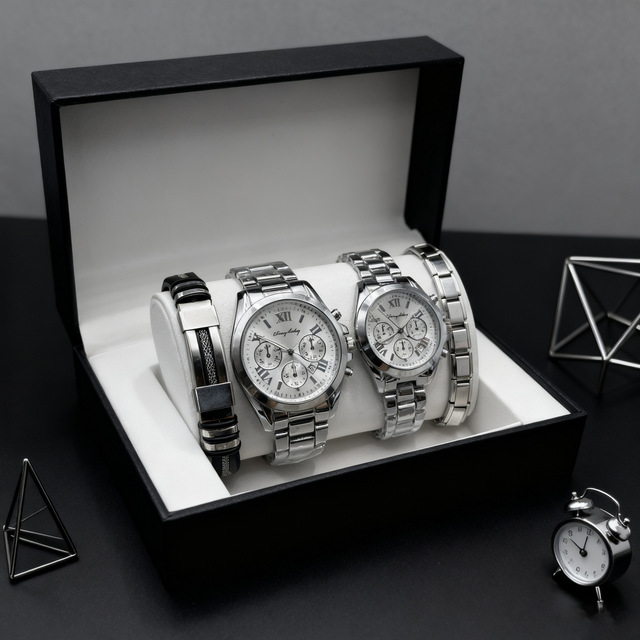 New Fashion Couple Watch Bracelet Set, Stainless Steel Waterproof Wristwatch, Stylish Lover Gift for Valentine's Day