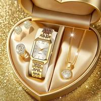 Coffret Cadeau 4 Pièces Montre Quartz Femme, Collier Diamant, Boucles d'Oreilles et Bague en Strass Doré – Idéal pour Salons Professionnels et Événements Promotionnels