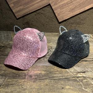 Bohang New Design Casual Hut Frauen Sommer Mode Pailletten Atmungsaktive Mesh Baseball Cap Nette Katze Ohren Sport kappen Benutzer definierte Hüte - Product Image 4