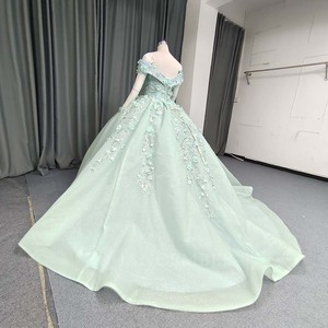 ANY255 Vestido de Noche Moderno Verde Salvia para Mujer, Estilo Princesa, con Flores 3D, Apliques de Cuentas, Estampado y Cola Capilla - Product Image 3