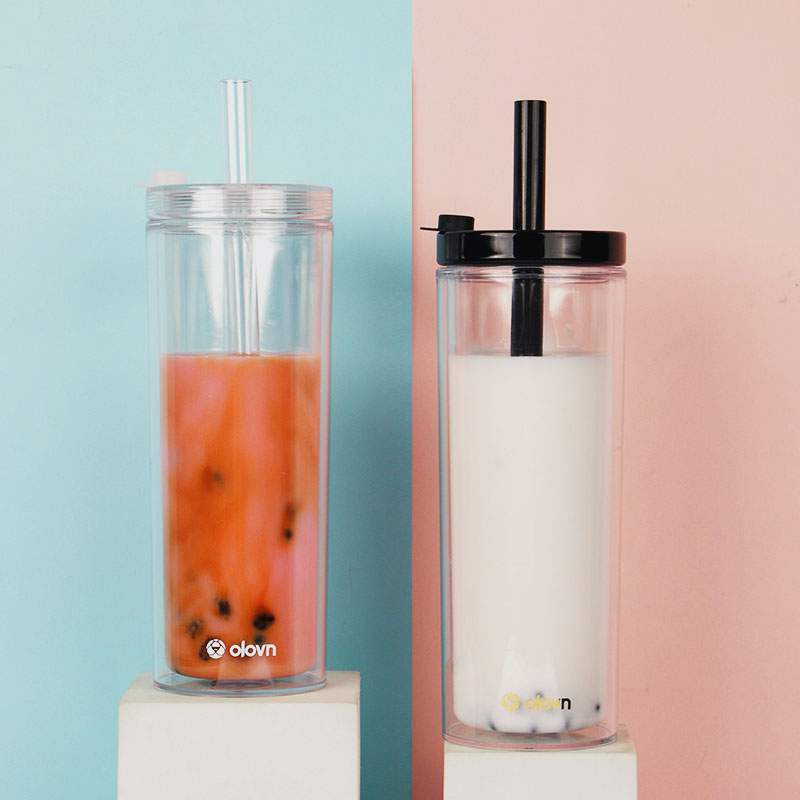 Пластиковый стакан Boba объемом 20 унций с двойной стенкой, изолированный сосуд для молока и чая, 12 мм, многоразовая пузырьковая чашка для чая с крышками