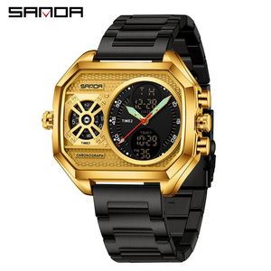 Montre électronique SANDA 6139 pour homme, montre-bracelet multifonctionnelle étanche à triple mouvement avec fonction quatre fuseaux horaires - Product Image 1