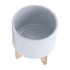 Vaso in ceramica con supporto in legno, design testurizzato per casa, giardino, patio, fioriera moderna - Product Image 4