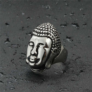 Anillo de Buda para hombre, de acero inoxidable, plateado, estilo punk retro, diseño de cara, joyería, regalo 260104 - Product Image 2