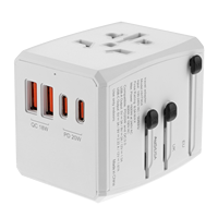 Adaptador de Viaje Internacional Universal para 160 Países, PD 20W+QC 18W, Corriente Nominal de 10A, Enchufe de 110-240V, ABS+PC